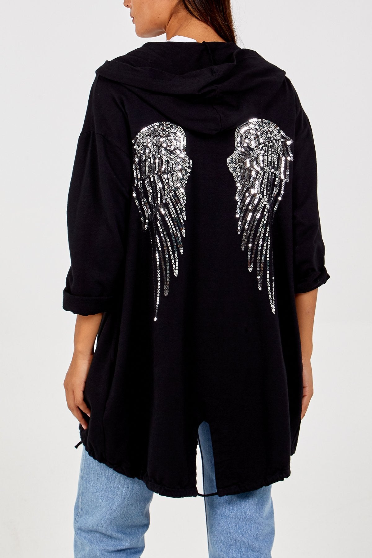 BLACK Sequin Angel Wing Hooded Cardigan