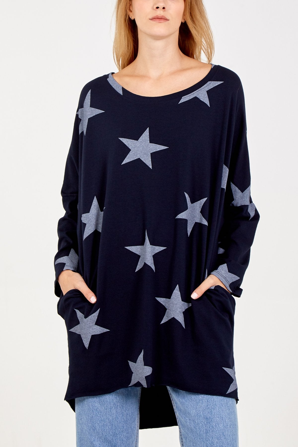 NAVY Two Pocket Long Sleeve Oversized Star Top