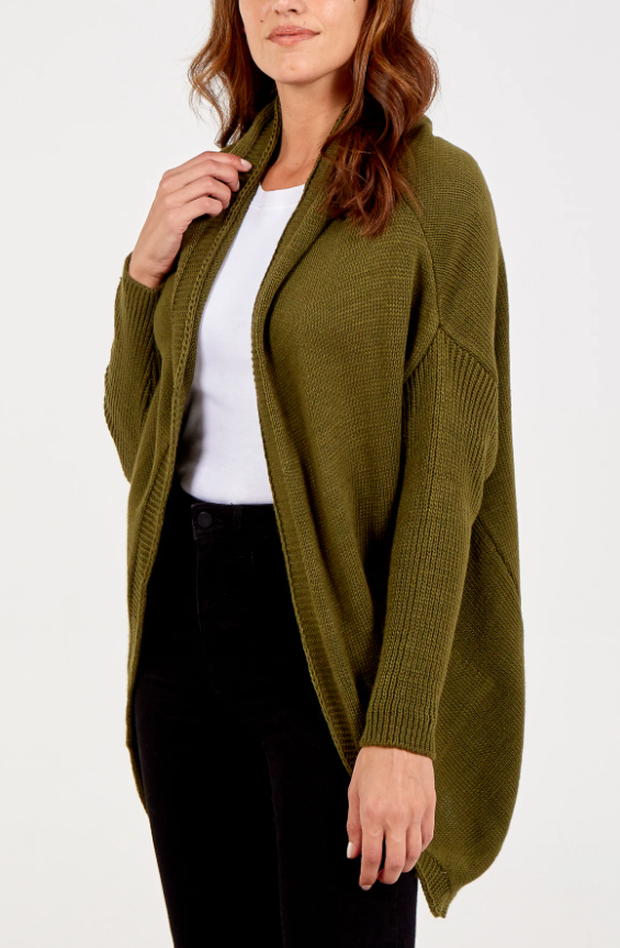 KHAKI Hooded Long Sleeve Edge To Edge Wool Mix Cardigan