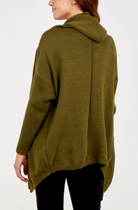 KHAKI Hooded Long Sleeve Edge To Edge Wool Mix Cardigan