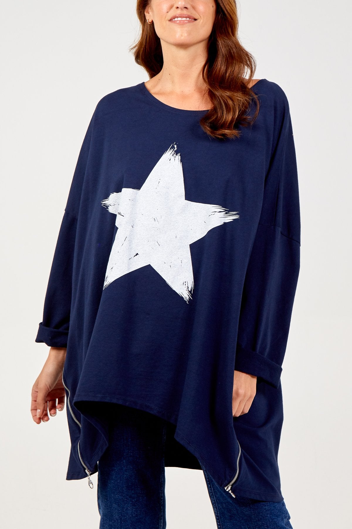 NAVY Oversized Zip Detail Star Jumper