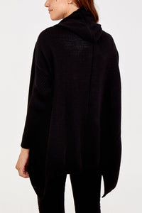 BLACK Hooded Long Sleeve Edge To Edge Wool Mix Cardigan