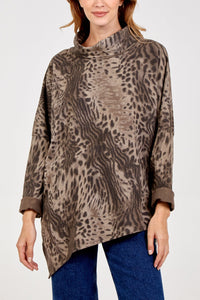 MOCHA Animal Print Asymmetric Roll Neck Jumper