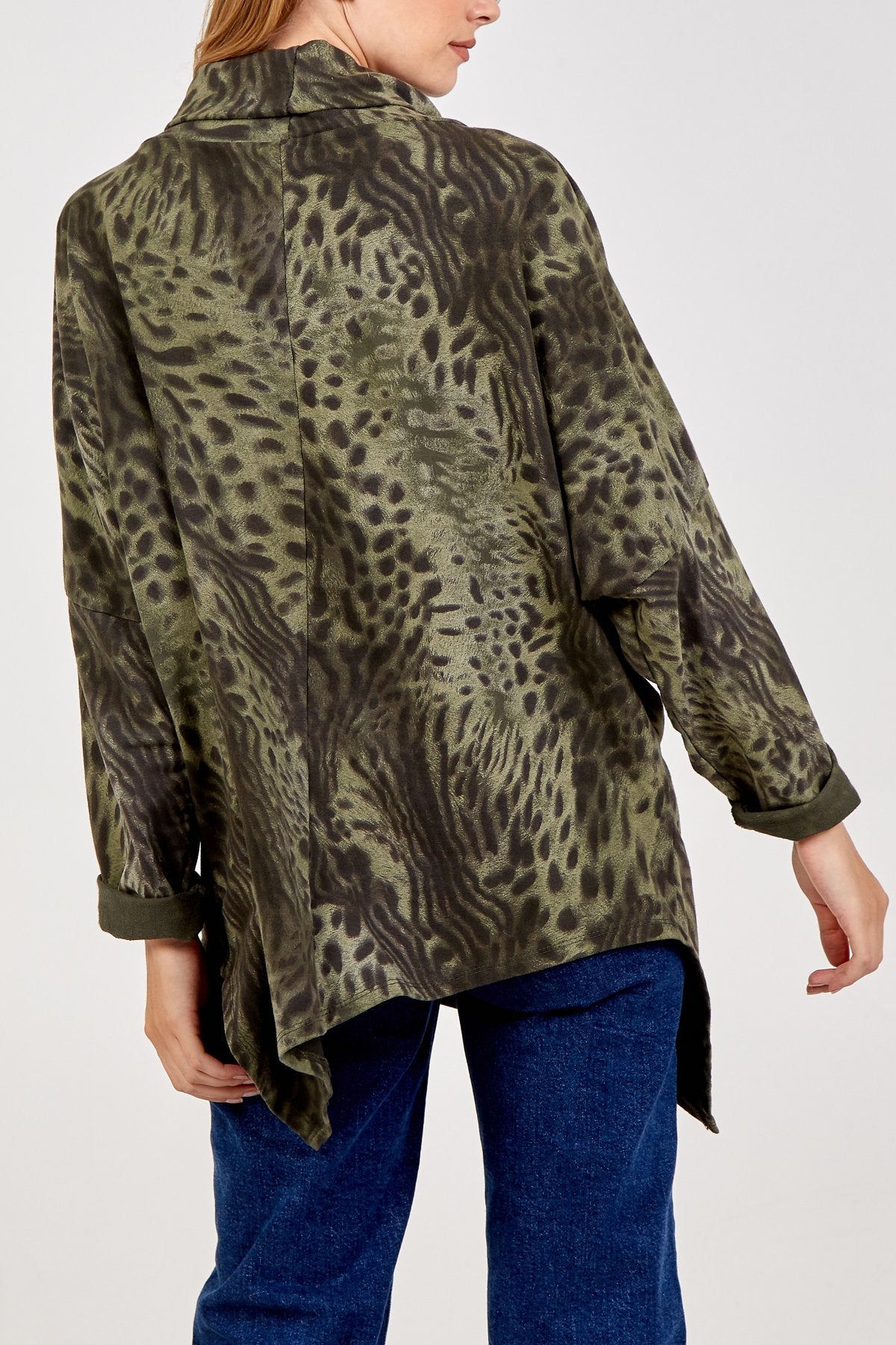 KHAKI Animal Print Asymmetric Roll Neck Jumper