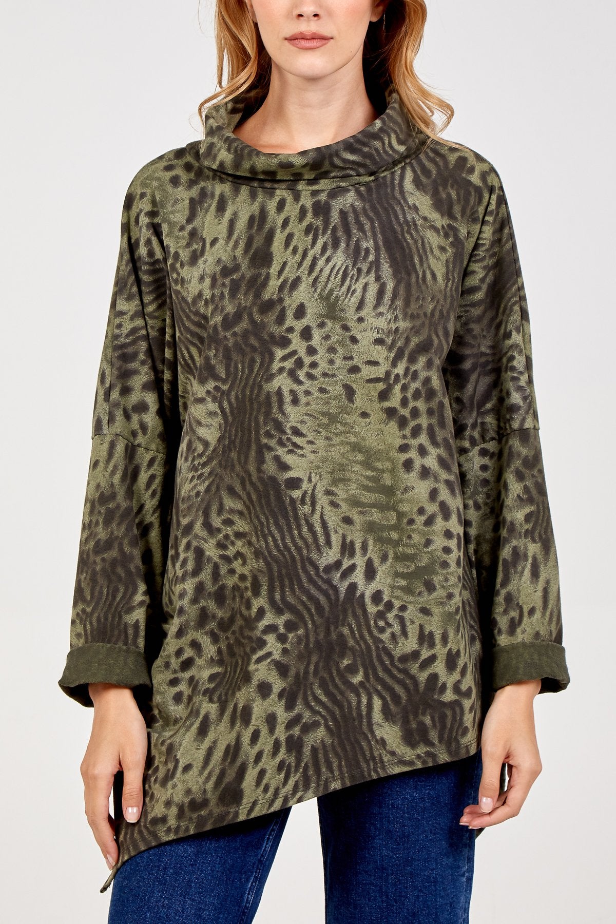 KHAKI Animal Print Asymmetric Roll Neck Jumper