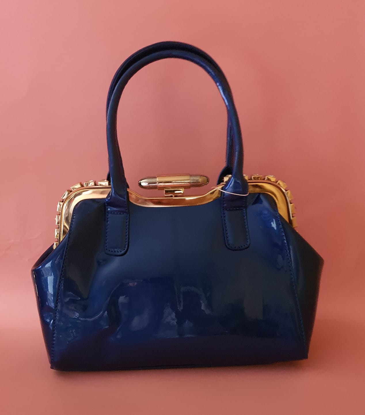 NAVY Patent with Diamante Design Handbag