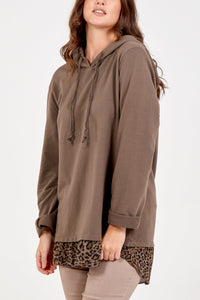 MOCHA Hoodie Leopard Print Hem Detail