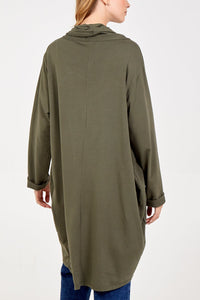 KHAKI Cowl Neck Asymmetric Two Pocket Top