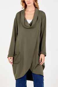 KHAKI Cowl Neck Asymmetric Two Pocket Top