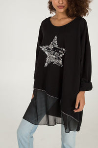 BLACK Sequin Star Layer Oversized Top