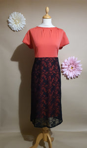 CORAL with Black Lace Skirt Overlay Dress