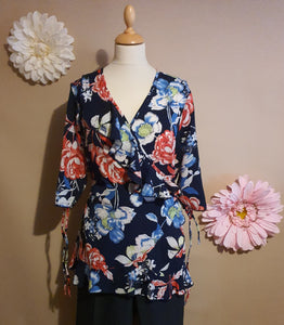 NAVY Floral Print Wrap Top