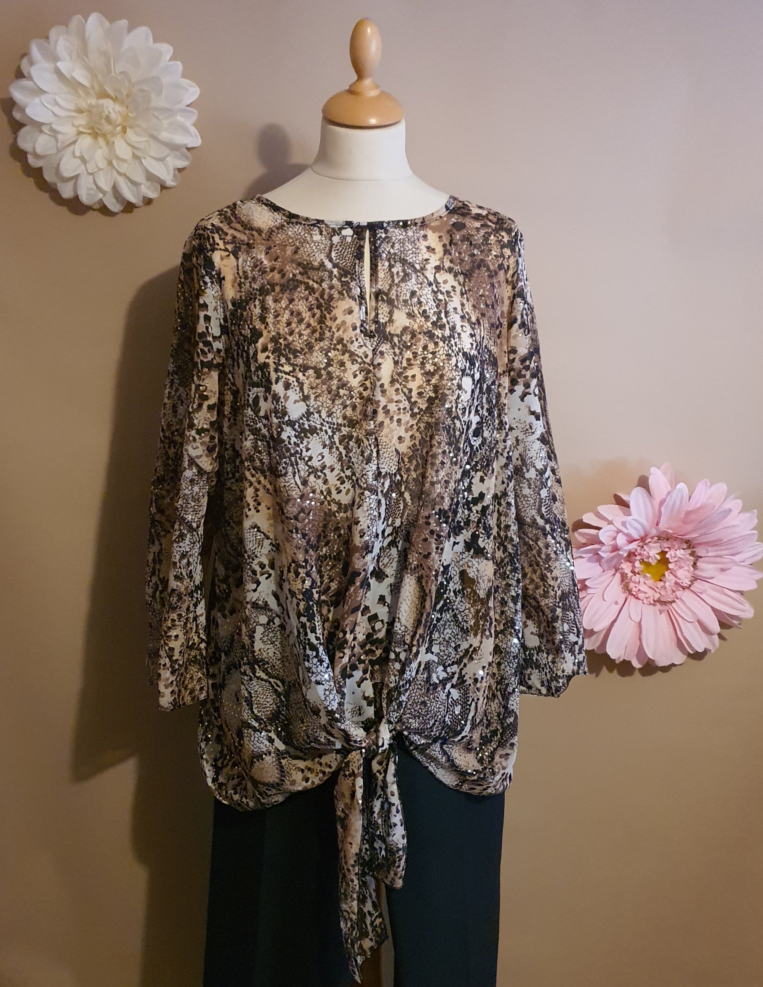 BROWN Animal Print Tie Front Sequin Top