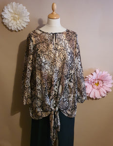 BROWN Animal Print Tie Front Sequin Top