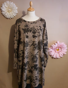 BROWN Floral Pattern Dipped Hem Tunic Top