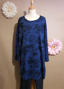 BLUE Floral Pattern Dipped Hem Tunic Top