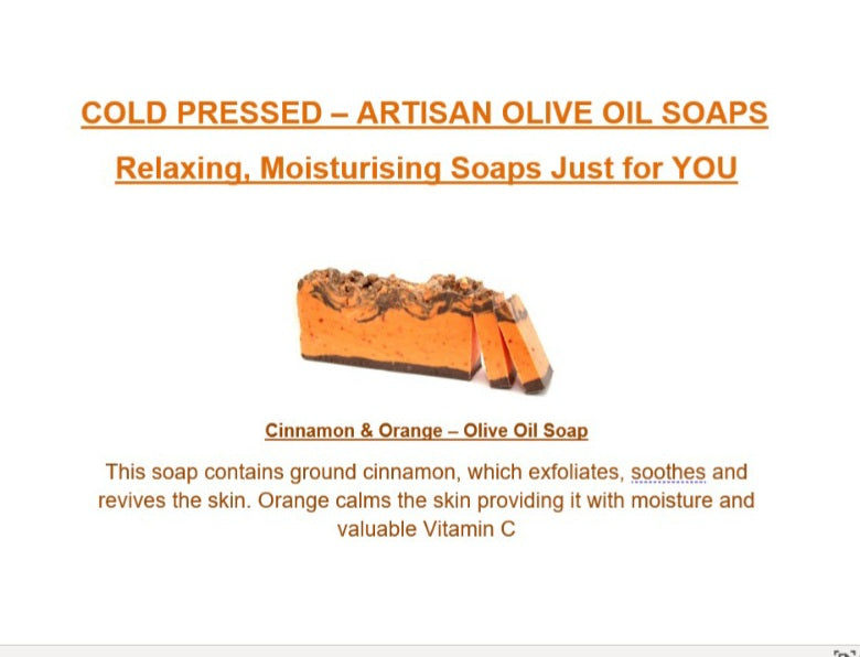 Cinnamon & Orange - Olive Oil Soap - Hand Crafted -100gm Bar appx