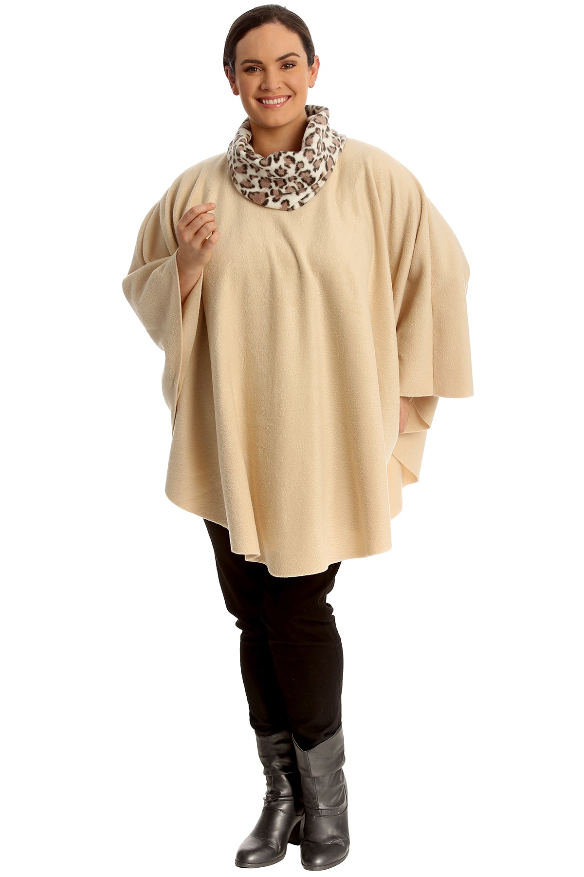 BEIGE Leopard Print Snood Neck Poncho