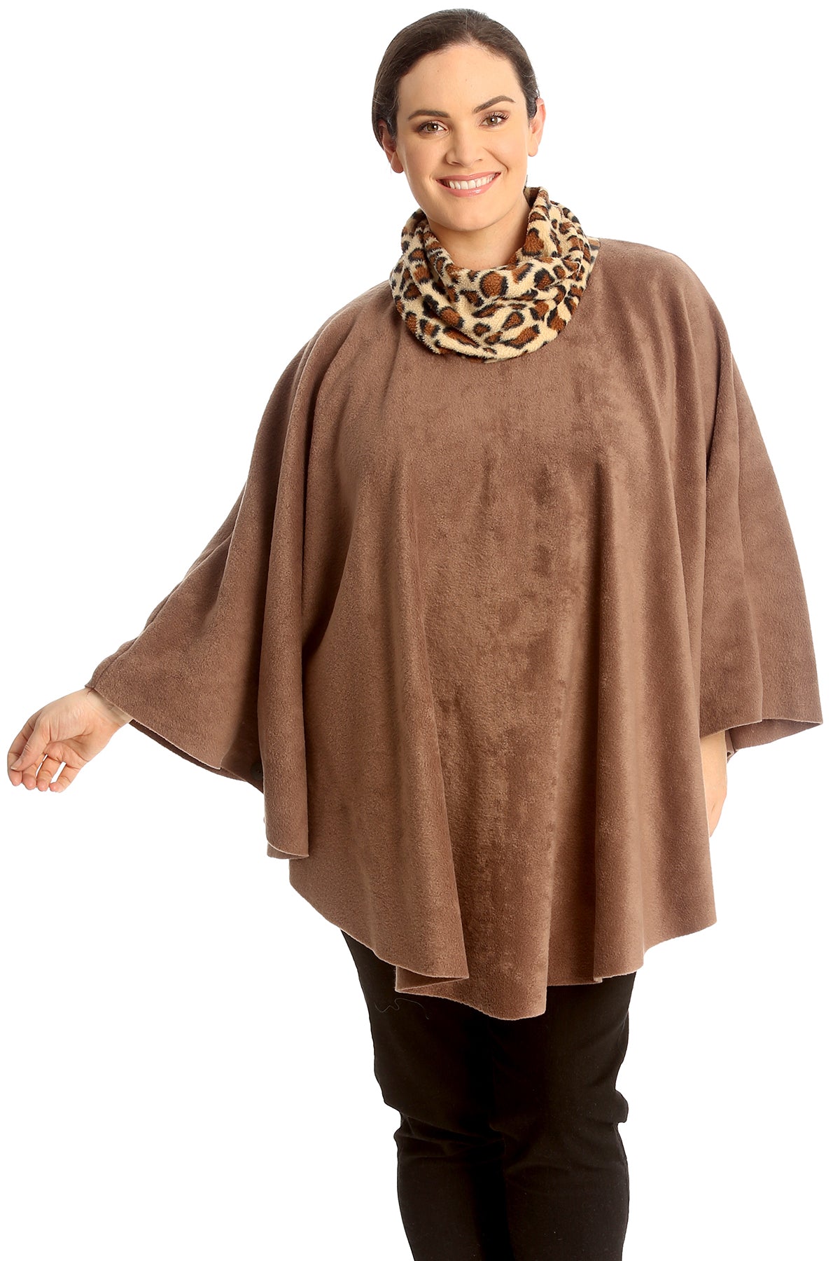 BROWN Leopard Print Snood Neck Poncho