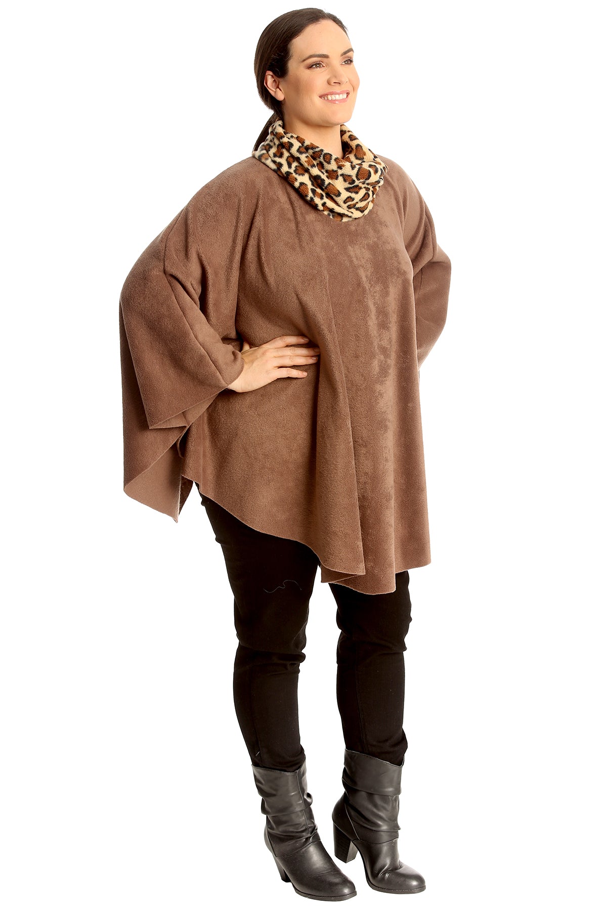 BROWN Leopard Print Snood Neck Poncho