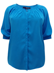 BLUE Pleated Button Top 3/4 Sleeve - Sizes 12-22