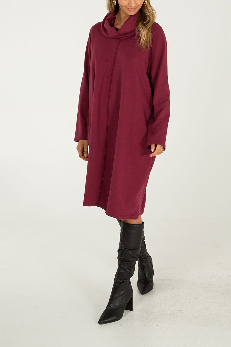 WINE Roll Neck Two Pocket Tunic Dress