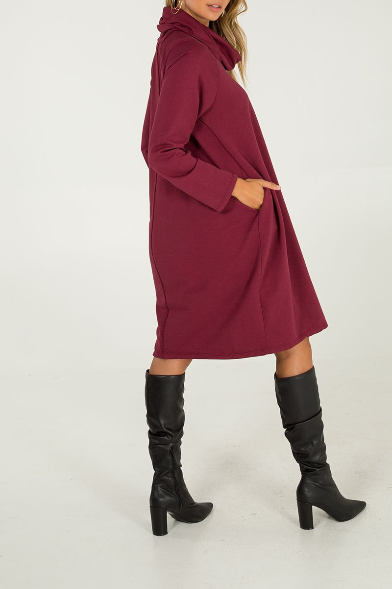 WINE Roll Neck Two Pocket Tunic Dress