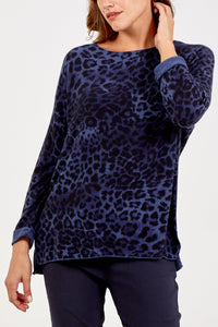 NAVY Slash Neck Leopard Print Jumper