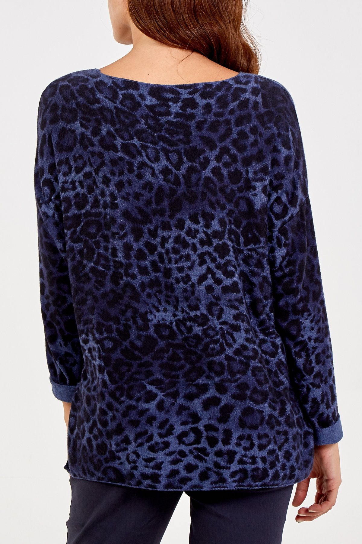 NAVY Slash Neck Leopard Print Jumper