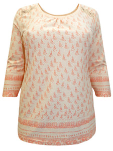 CORAL/ORANGE Lace Insert Border Print Cotton Top - Sizes 14-28