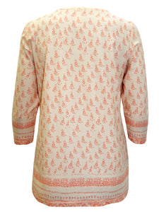 CORAL/ORANGE Lace Insert Border Print Cotton Top - Sizes 14-28