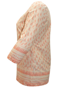 CORAL/ORANGE Lace Insert Border Print Cotton Top - Sizes 14-28