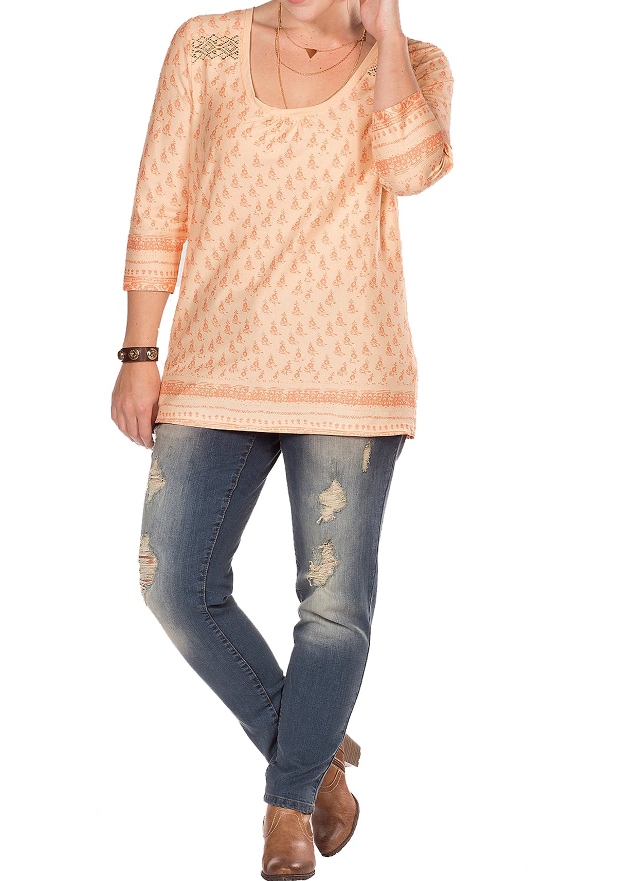 CORAL/ORANGE Lace Insert Border Print Cotton Top - Sizes 14-28