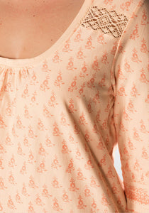 CORAL/ORANGE Lace Insert Border Print Cotton Top - Sizes 14-28