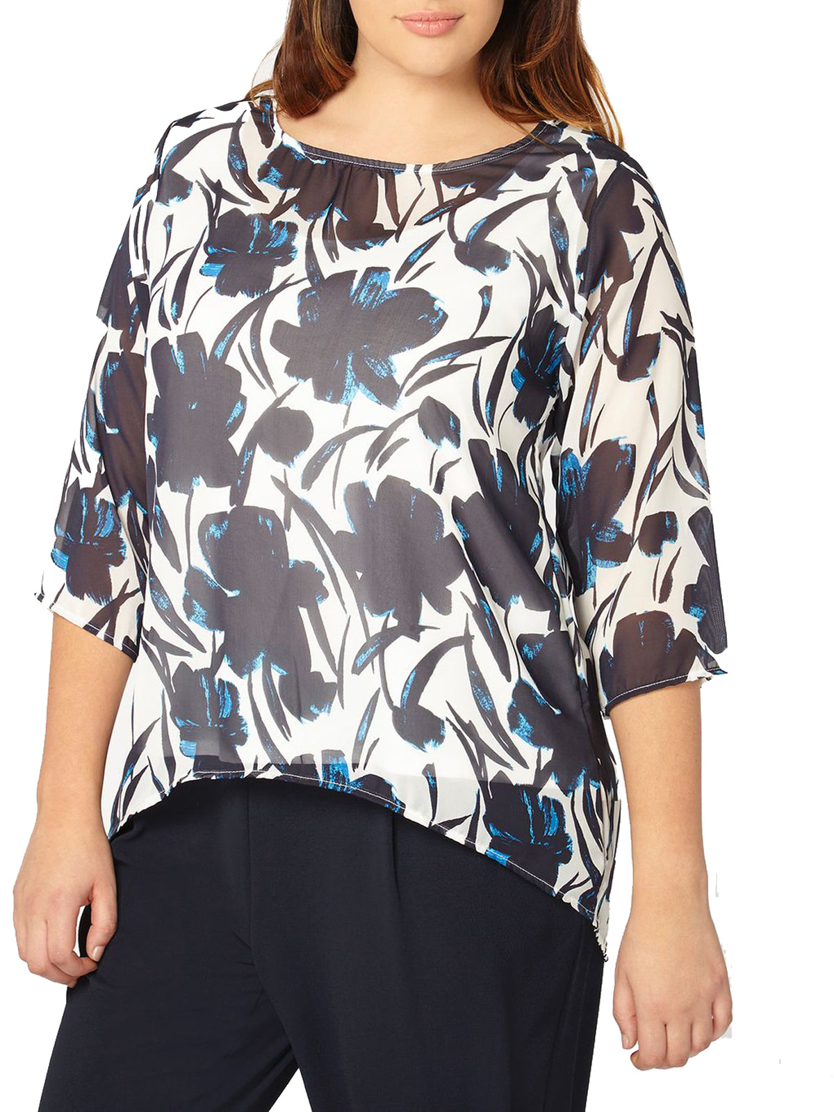 BLUE Floral Printed Chiffon Overlay Top Sizes 14-28