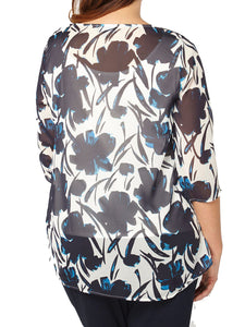 BLUE Floral Printed Chiffon Overlay Top Sizes 14-28