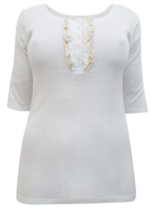 WHITE Pure Cotton Ruffle Henley Neck Top Sizes 10-24