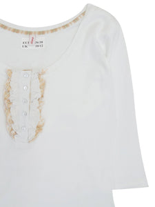 WHITE Pure Cotton Ruffle Henley Neck Top Sizes 10-24