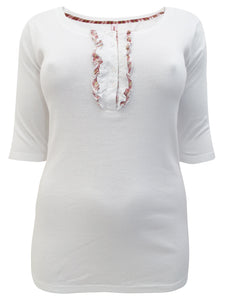 WHITE Pure Cotton Checked Ruffle Henley Neck Top Sizes 10-24