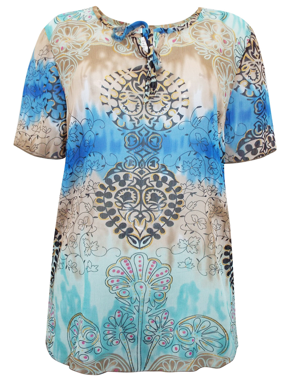 BLUE Printed Tie Neck Short Sleeve Top - Sizes 12-30