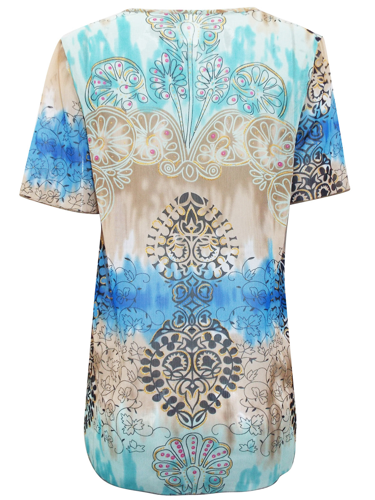 BLUE Printed Tie Neck Short Sleeve Top - Sizes 12-30