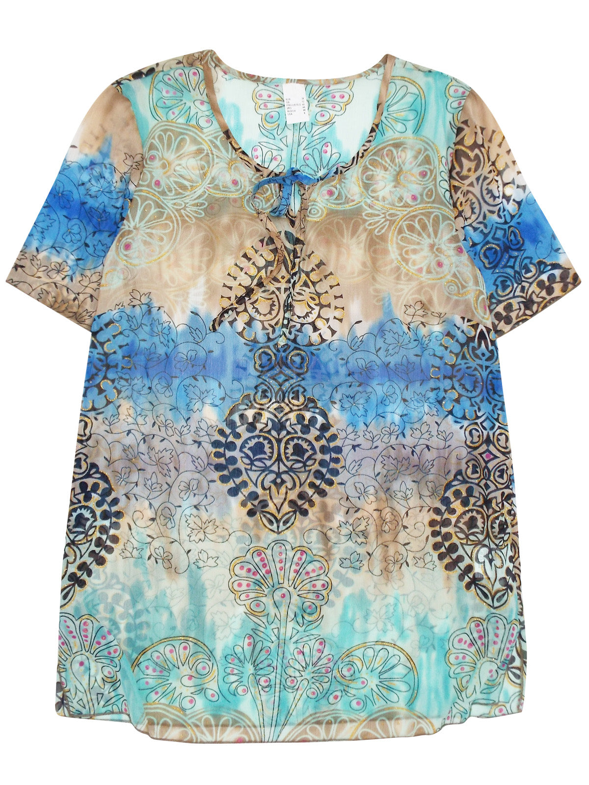 BLUE Printed Tie Neck Short Sleeve Top - Sizes 12-30