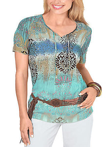 BLUE Printed Tie Neck Short Sleeve Top - Sizes 12-30