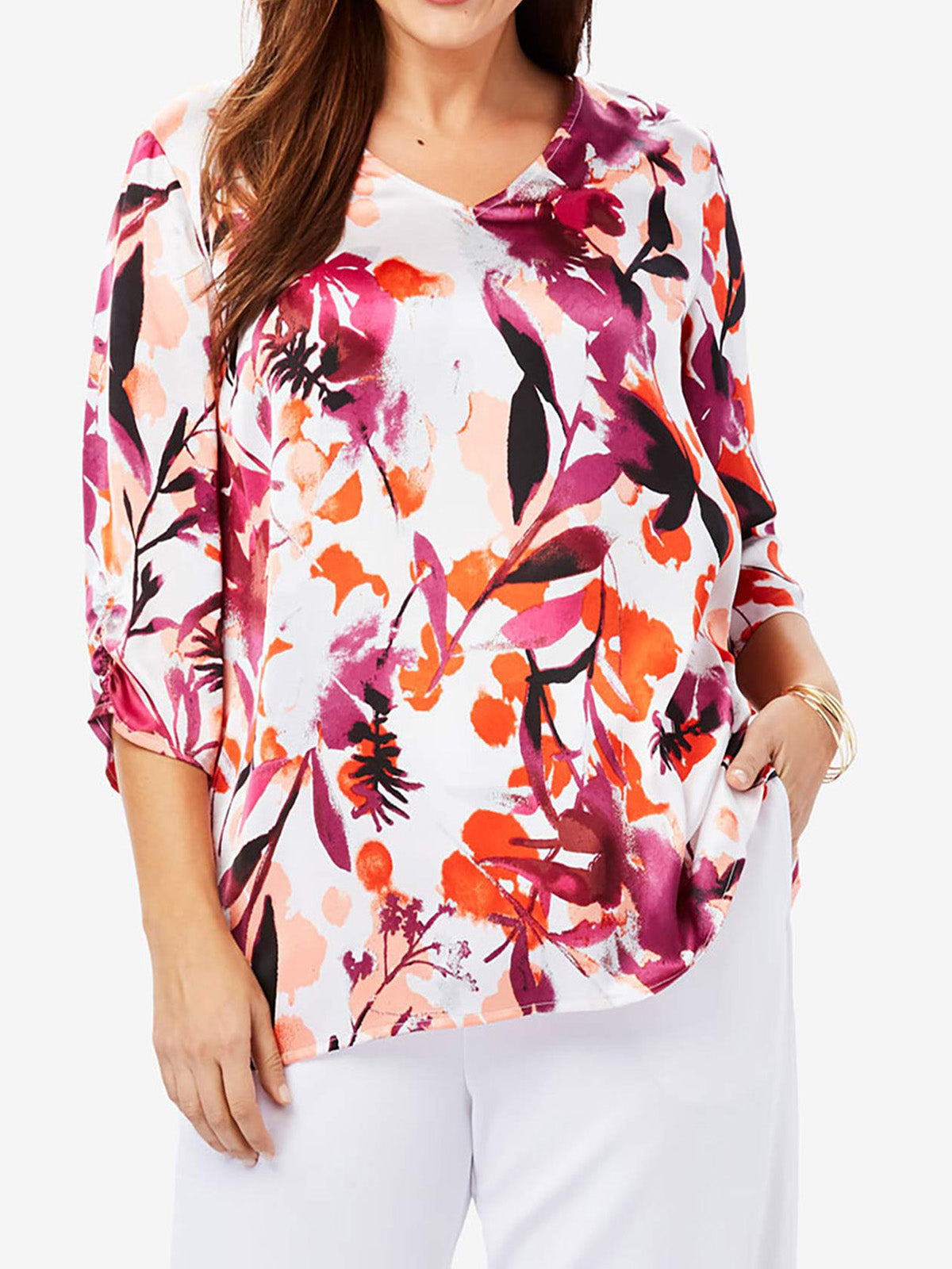 MULTI Floral Print Satin V-Neck Blouse - Sizes 16-24