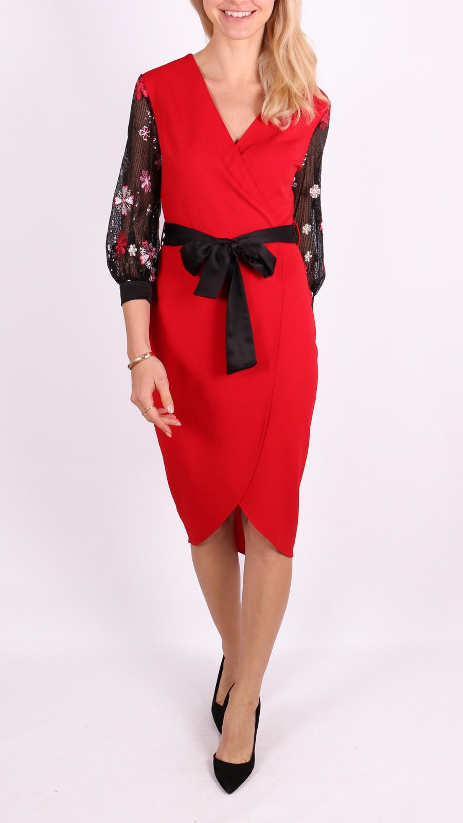 Red Faux Wrap, Floral & Sparkle Sleeve Dress