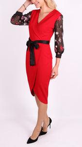 Red Faux Wrap, Floral & Sparkle Sleeve Dress